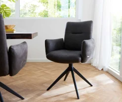 DrehstuhlJova-Flex mit Armlehnen Mikrofaser Anthrazit Vintage Kreuzgestell breit Schwarz 360° drehbar Taschenfederkern Sofort versandfertig