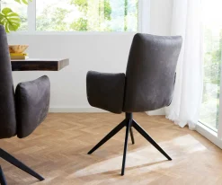 DrehstuhlJova-Flex mit Armlehnen Mikrofaser Anthrazit Vintage Kreuzgestell breit Schwarz 360° drehbar Taschenfederkern Sofort versandfertig
