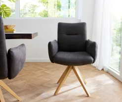 DrehstuhlJova-Flex mit Armlehnen Mikrofaser Anthrazit Vintage Holzgestell kantig Natur 360° drehbar Taschenfederkern Versandfertig ca. 28.10.26
