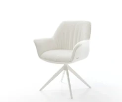 DrehstuhlKeila-Flex mit Armlehnen Bouclé Soft Beige Kreuzgestell breit Weiß 360° drehbar Wippfunktion Sofort versandfertig