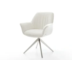 DrehstuhlKeila-Flex mit Armlehnen Bouclé Soft Beige Kreuzgestell breit Edelstahl 360° drehbar Wippfunktion Sofort versandfertig