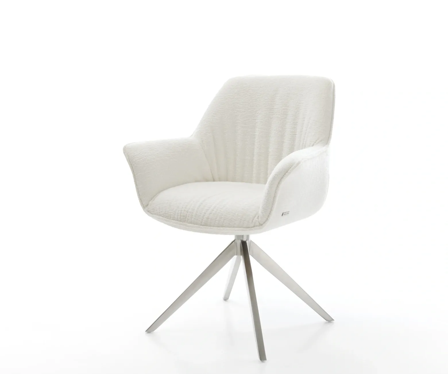 DrehstuhlKeila-Flex mit Armlehnen Bouclé Soft Beige Kreuzgestell breit Edelstahl 360° drehbar Wippfunktion Sofort versandfertig