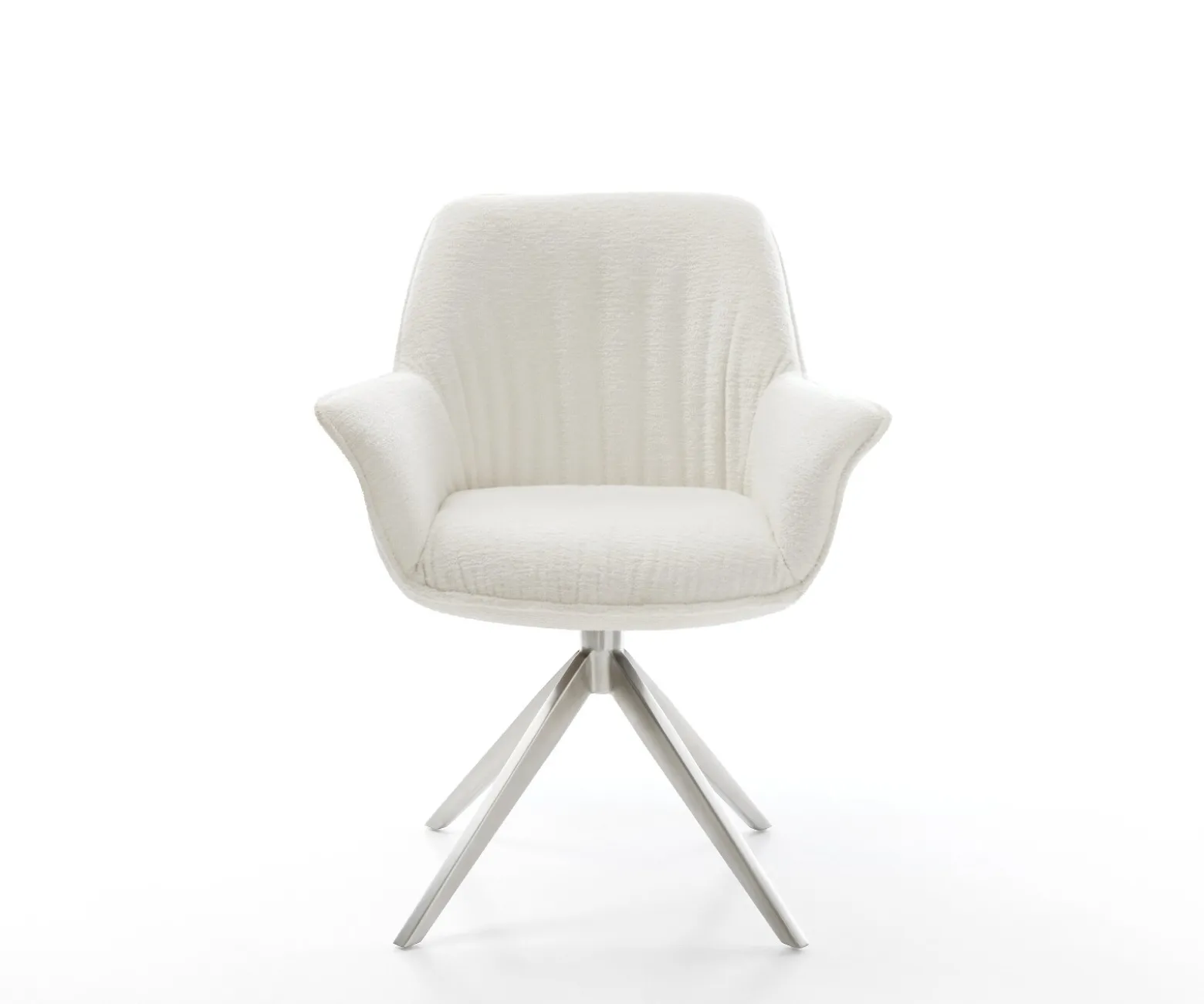DrehstuhlKeila-Flex mit Armlehnen Bouclé Soft Beige Kreuzgestell breit Edelstahl 360° drehbar Wippfunktion Sofort versandfertig