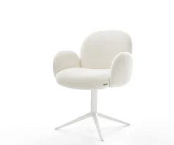 DrehstuhlNube-Flex mit Armlehnen Bouclé Soft Beige Fußkreuz Weiß 360° drehbar Wippfunktion Taschenfederkern Sofort versandfertig