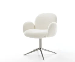 DrehstuhlNube-Flex mit Armlehnen Bouclé Soft Beige Fußkreuz Edelstahl 360° drehbar Wippfunktion Taschenfederkern Sofort versandfertig