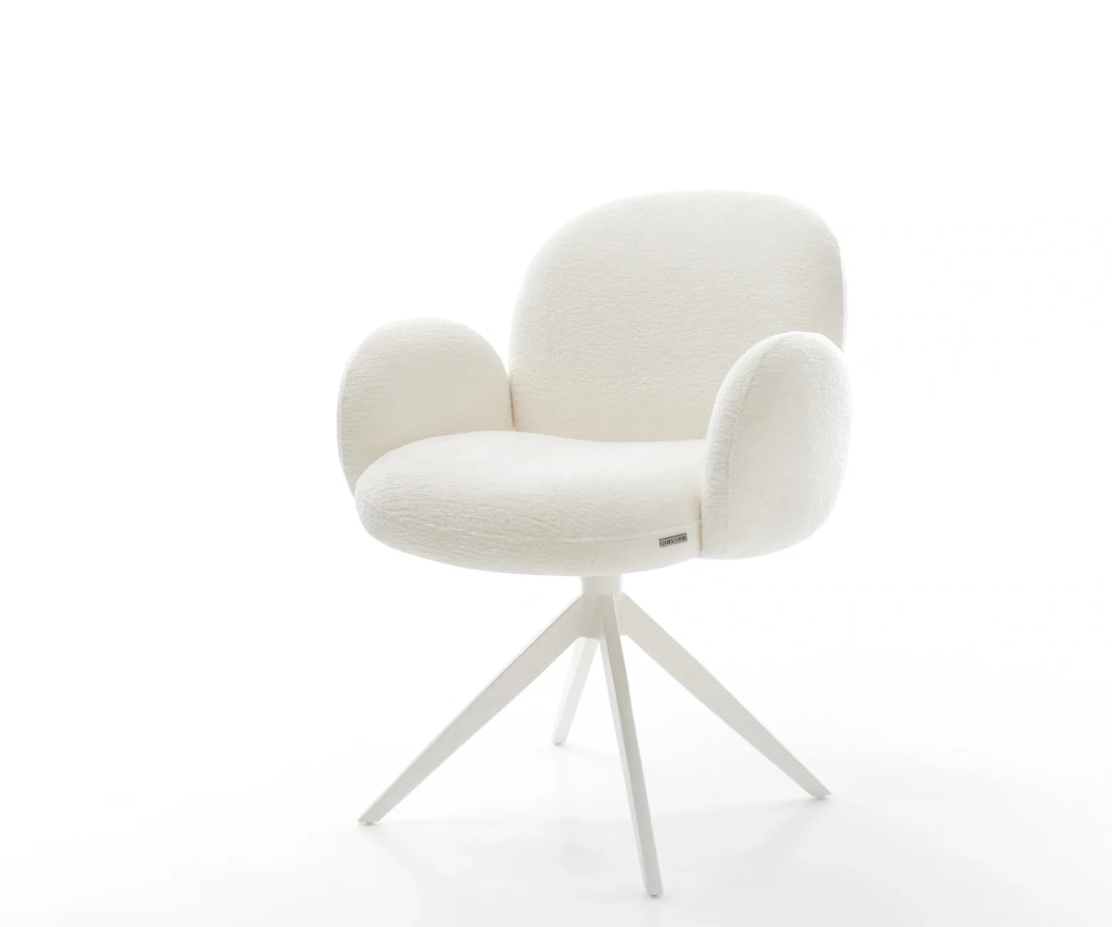 DrehstuhlNube-Flex mit Armlehnen Bouclé Soft Beige Kreuzgestell breit Weiß 360° drehbar Wippfunktion Taschenfederkern Sofort versandfertig