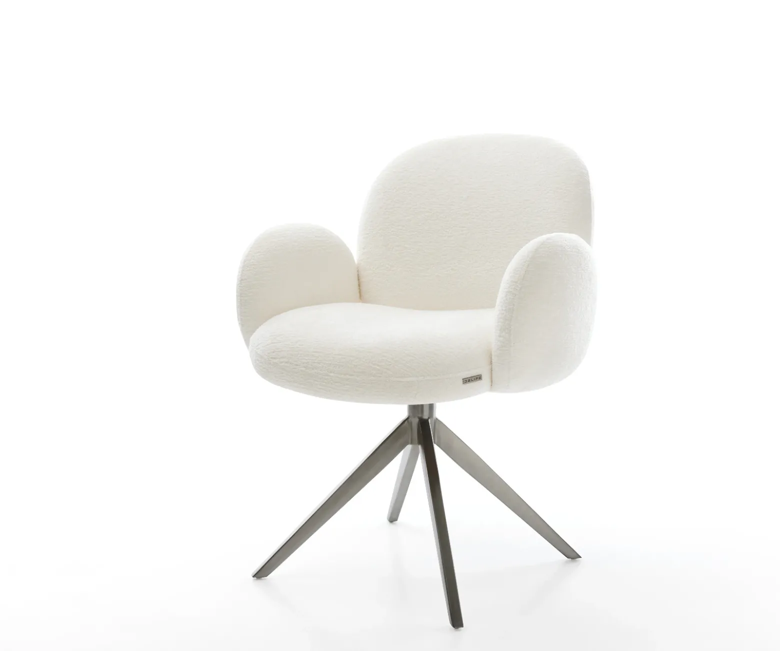 DrehstuhlNube-Flex mit Armlehnen Bouclé Soft Beige Kreuzgestell breit Graphit 360° drehbar Wippfunktion Taschenfederkern Sofort versandfertig
