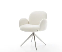 DrehstuhlNube-Flex mit Armlehnen Bouclé Soft Beige Kreuzgestell breit Edelstahl 360° drehbar Wippfunktion Taschenfederkern Sofort versandfertig