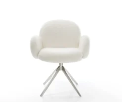 DrehstuhlNube-Flex mit Armlehnen Bouclé Soft Beige Kreuzgestell breit Edelstahl 360° drehbar Wippfunktion Taschenfederkern Sofort versandfertig