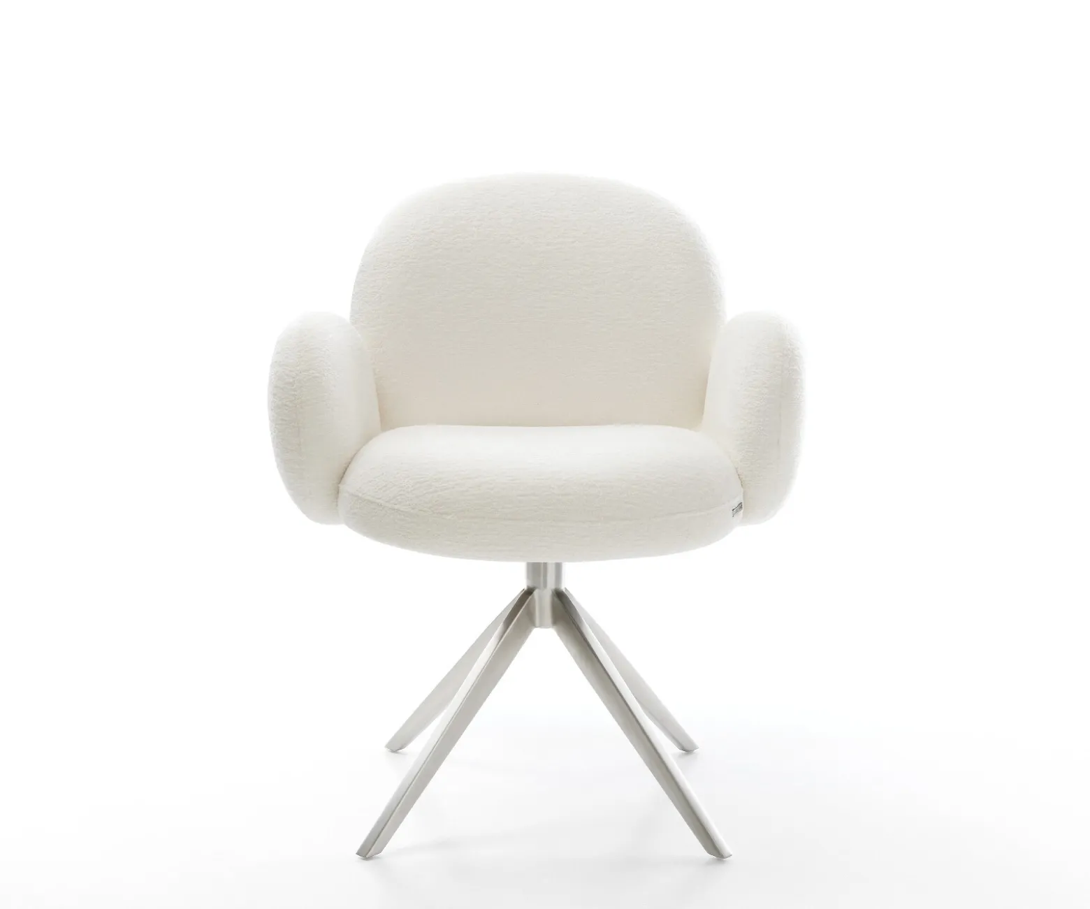 DrehstuhlNube-Flex mit Armlehnen Bouclé Soft Beige Kreuzgestell breit Edelstahl 360° drehbar Wippfunktion Taschenfederkern Sofort versandfertig