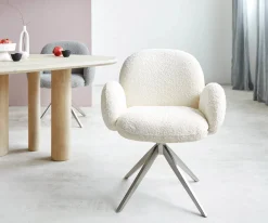 DrehstuhlNube-Flex mit Armlehnen Bouclé Weiß Kreuzgestell breit Edelstahl 360° drehbar Taschenfederkern Sofort versandfertig