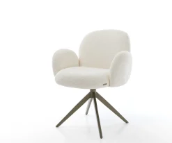 DrehstuhlNube-Flex mit Armlehnen Bouclé Weiß Kreuzgestell breit Effektfinish Titan 360° drehbar Taschenfederkern Sofort versandfertig