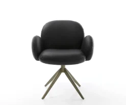 DrehstuhlNube-Flex mit Armlehnen Echt-Leder Schwarz Kreuzgestell breit Effektfinish Titan 360° drehbar Taschenfederkern Sofort versandfertig