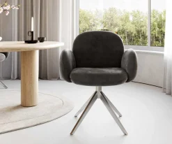 DrehstuhlNube-Flex mit Armlehnen Mikrofaser Anthrazit Vintage Kreuzgestell breit Edelstahl 360° drehbar Taschenfederkern Sofort versandfertig