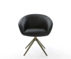 DrehstuhlVinka-Flex mit Armlehnen Echt-Leder Schwarz Kreuzgestell breit Effektfinish Titan 360° drehbar Wippfunktion Taschenfederkern Sofort versandfertig
