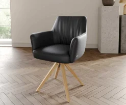DrehstuhlXana-Flex mit Armlehnen Echt-Leder Schwarz Holzgestell kantig Natur 360° drehbar Taschenfederkern Versandfertig ca. 28.10.26