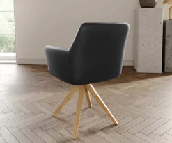 DrehstuhlXana-Flex mit Armlehnen Echt-Leder Schwarz Holzgestell kantig Natur 360° drehbar Taschenfederkern Versandfertig ca. 28.10.26