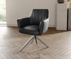 DrehstuhlXana-Flex mit Armlehnen Echt-Leder Schwarz Kreuzgestell breit Edelstahl 360° drehbar Taschenfederkern Sofort versandfertig