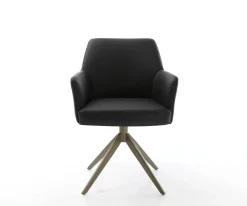 DrehstuhlXana-Flex mit Armlehnen Echt-Leder Schwarz Kreuzgestell breit Effektfinish Titan 360° drehbar Taschenfederkern Sofort versandfertig