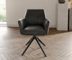 DrehstuhlXana-Flex mit Armlehnen Mikrofaser Anthrazit Vintage Kreuzgestell breit Schwarz 360° drehbar Taschenfederkern Sofort versandfertig