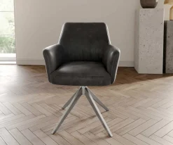 DrehstuhlXana-Flex mit Armlehnen Mikrofaser Anthrazit Vintage Kreuzgestell breit Edelstahl 360° drehbar Taschenfederkern Sofort versandfertig