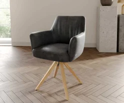 DrehstuhlXana-Flex mit Armlehnen Mikrofaser Anthrazit Vintage Holzgestell kantig Natur 360° drehbar Taschenfederkern Versandfertig ca. 28.10.26