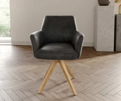 DrehstuhlXana-Flex mit Armlehnen Mikrofaser Anthrazit Vintage Holzgestell kantig Natur 360° drehbar Taschenfederkern Versandfertig ca. 28.10.26