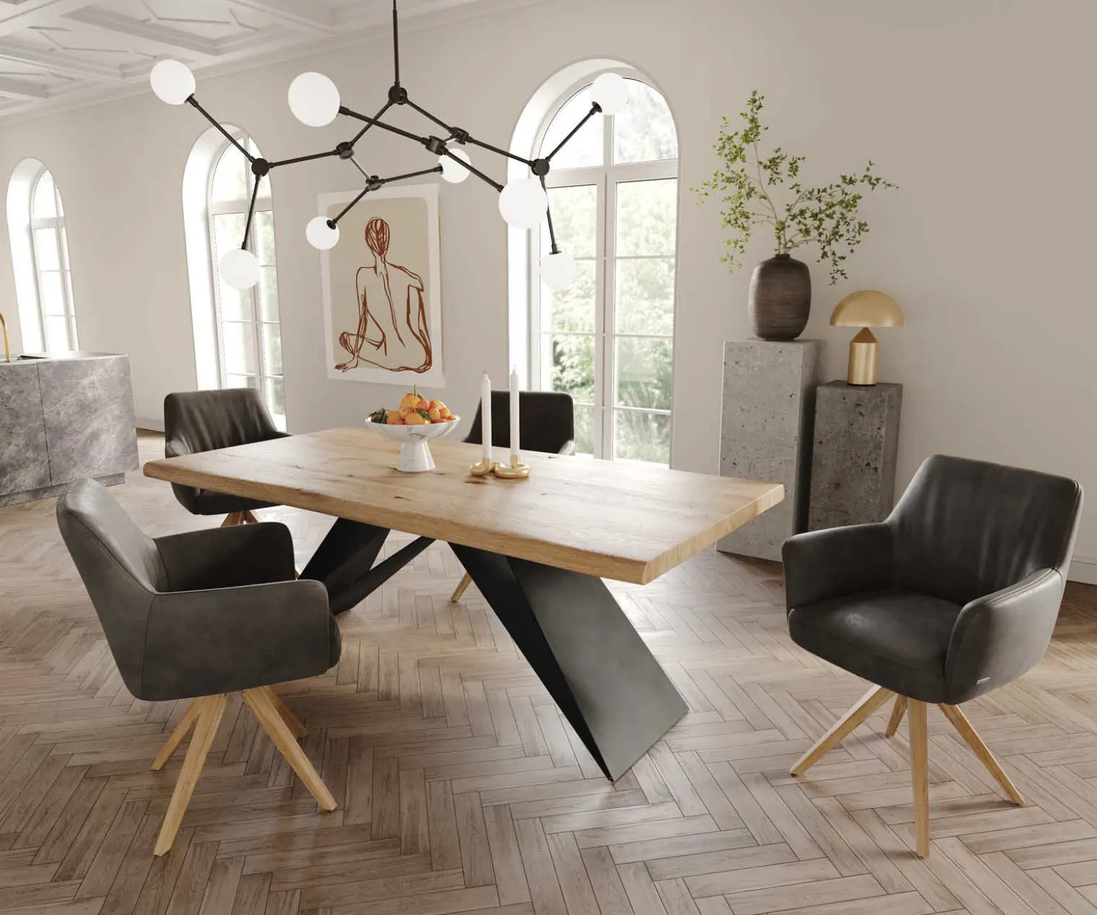 DrehstuhlXana-Flex mit Armlehnen Mikrofaser Anthrazit Vintage Holzgestell kantig Natur 360° drehbar Taschenfederkern Versandfertig ca. 28.10.26
