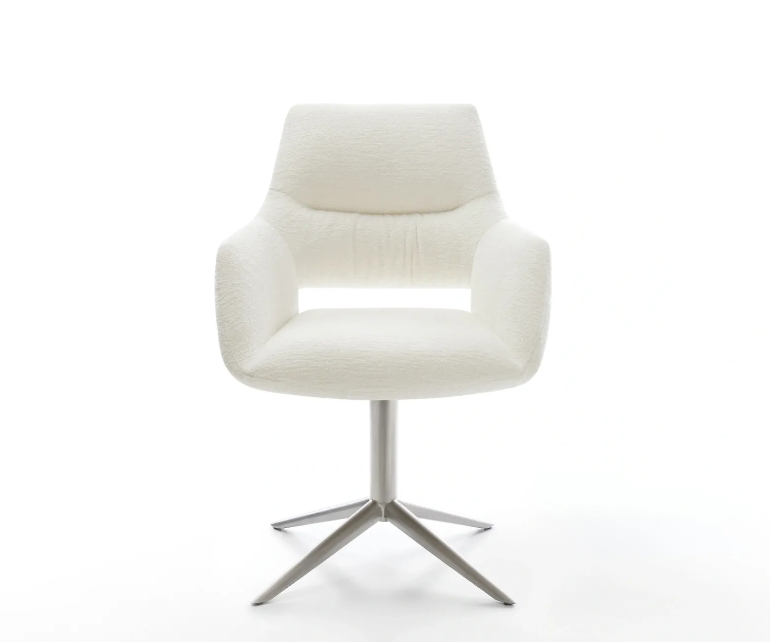 DrehstuhlYago-Flex mit Armlehnen Bouclé Soft Beige Fußkreuz Edelstahl 360° drehbar Wippfunktion Taschenfederkern Sofort versandfertig