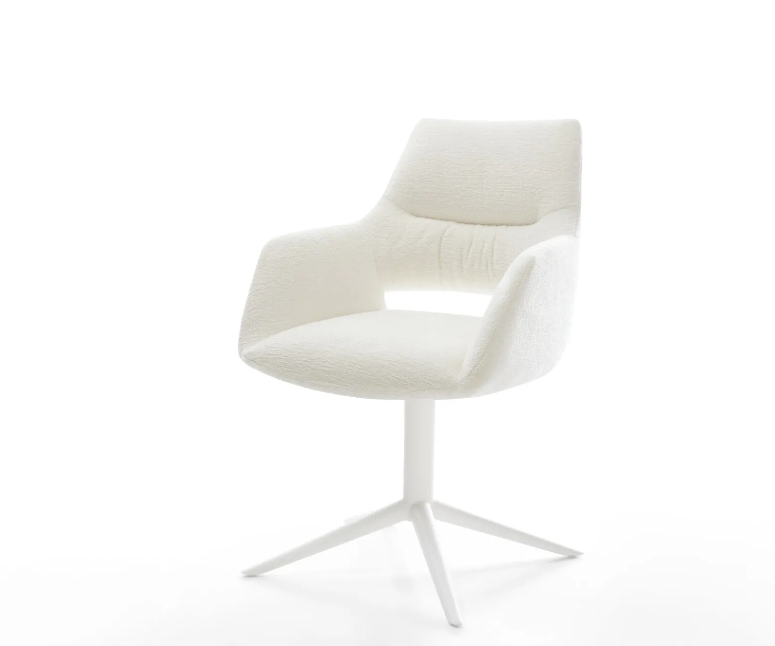 DrehstuhlYago-Flex mit Armlehnen Bouclé Soft Beige Fußkreuz Weiß 360° drehbar Wippfunktion Taschenfederkern Sofort versandfertig