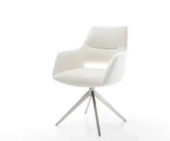 DrehstuhlYago-Flex mit Armlehnen Bouclé Soft Beige Kreuzgestell breit Edelstahl 360° drehbar Wippfunktion Taschenfederkern Sofort versandfertig