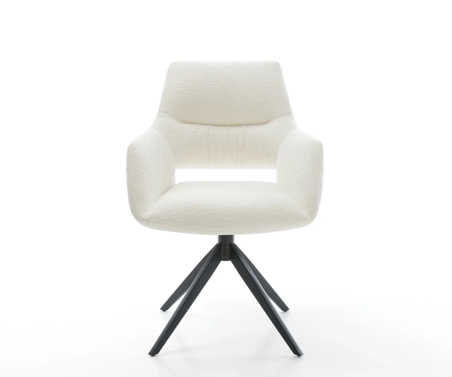 DrehstuhlYago-Flex mit Armlehnen Bouclé Soft Beige Kreuzgestell breit Schwarz 360° drehbar Wippfunktion Taschenfederkern Sofort versandfertig