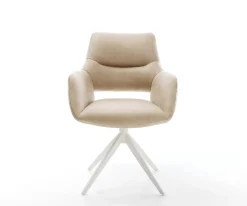 DrehstuhlYago-Flex mit Armlehnen Mikrofaser Beige Vintage Kreuzgestell breit Weiß 360° drehbar Wippfunktion Taschenfederkern Sofort versandfertig