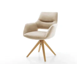 DrehstuhlYago-Flex mit Armlehnen Mikrofaser Beige Vintage Holzgestell kantig Natur 360° drehbar Taschenfederkern Versandfertig ca. 28.10.26