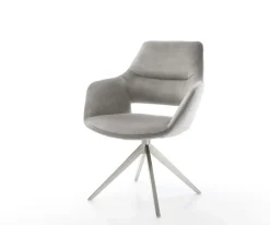 DrehstuhlYago-Flex mit Armlehnen Samt Grau Kreuzgestell breit Edelstahl 360° drehbar Wippfunktion Taschenfederkern Sofort versandfertig