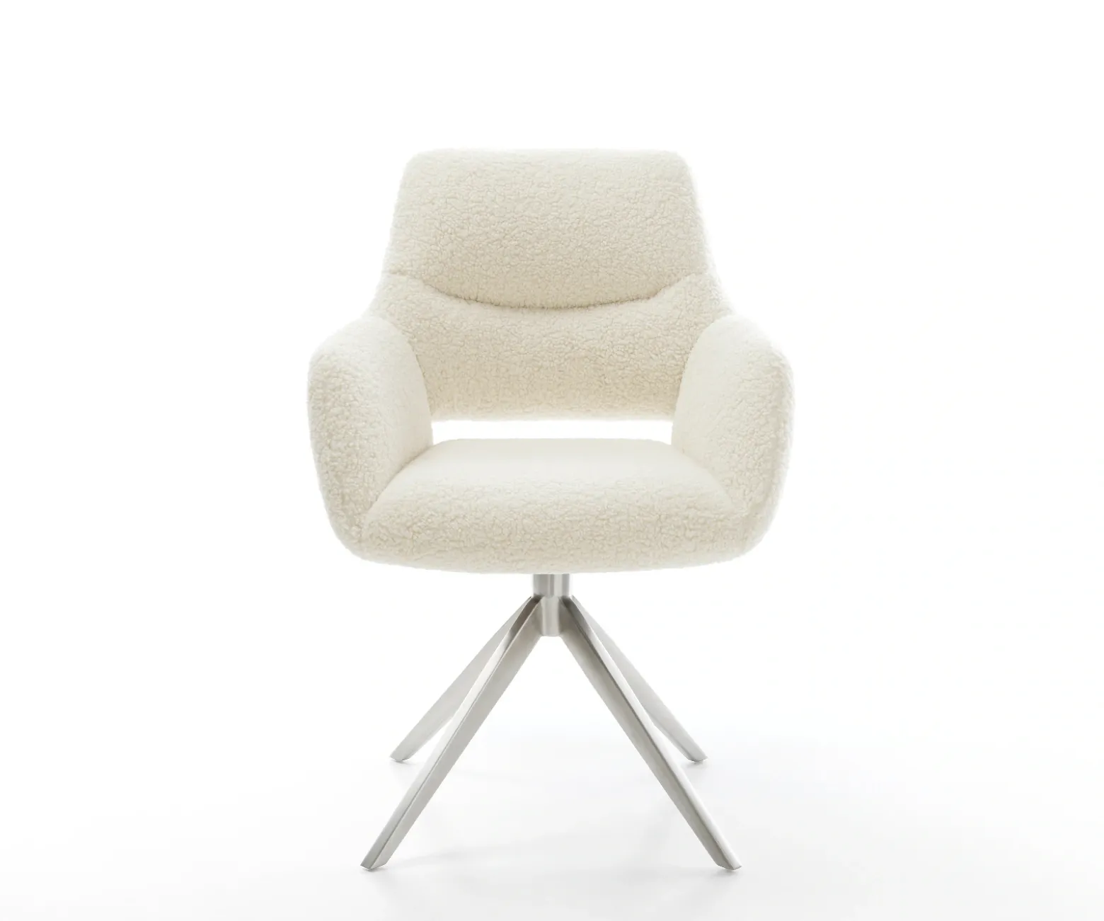 DrehstuhlYago-Flex mit Armlehnen Teddystoff Beige Kreuzgestell breit Edelstahl 360° drehbar Wippfunktion Taschenfederkern Sofort versandfertig