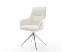 DrehstuhlZelia-Flex mit Armlehnen Bouclé Soft Beige Kreuzgestell breit Edelstahl 360° drehbar Wippfunktion Taschenfederkern Sofort versandfertig