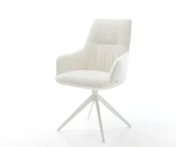 DrehstuhlZelia-Flex mit Armlehnen Bouclé Soft Beige Kreuzgestell breit Weiß 360° drehbar Wippfunktion Taschenfederkern Sofort versandfertig
