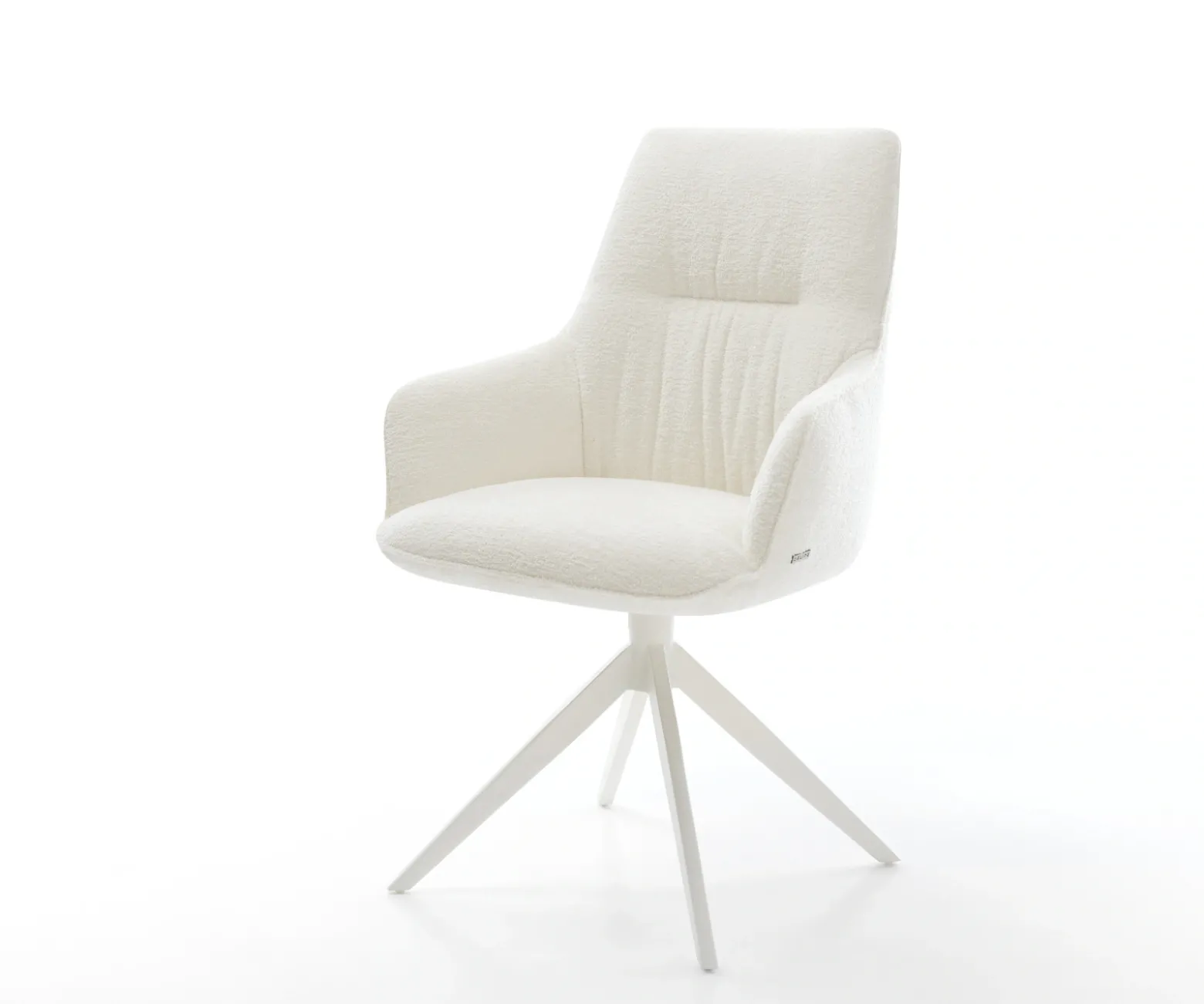 DrehstuhlZelia-Flex mit Armlehnen Bouclé Soft Beige Kreuzgestell breit Weiß 360° drehbar Wippfunktion Taschenfederkern Sofort versandfertig