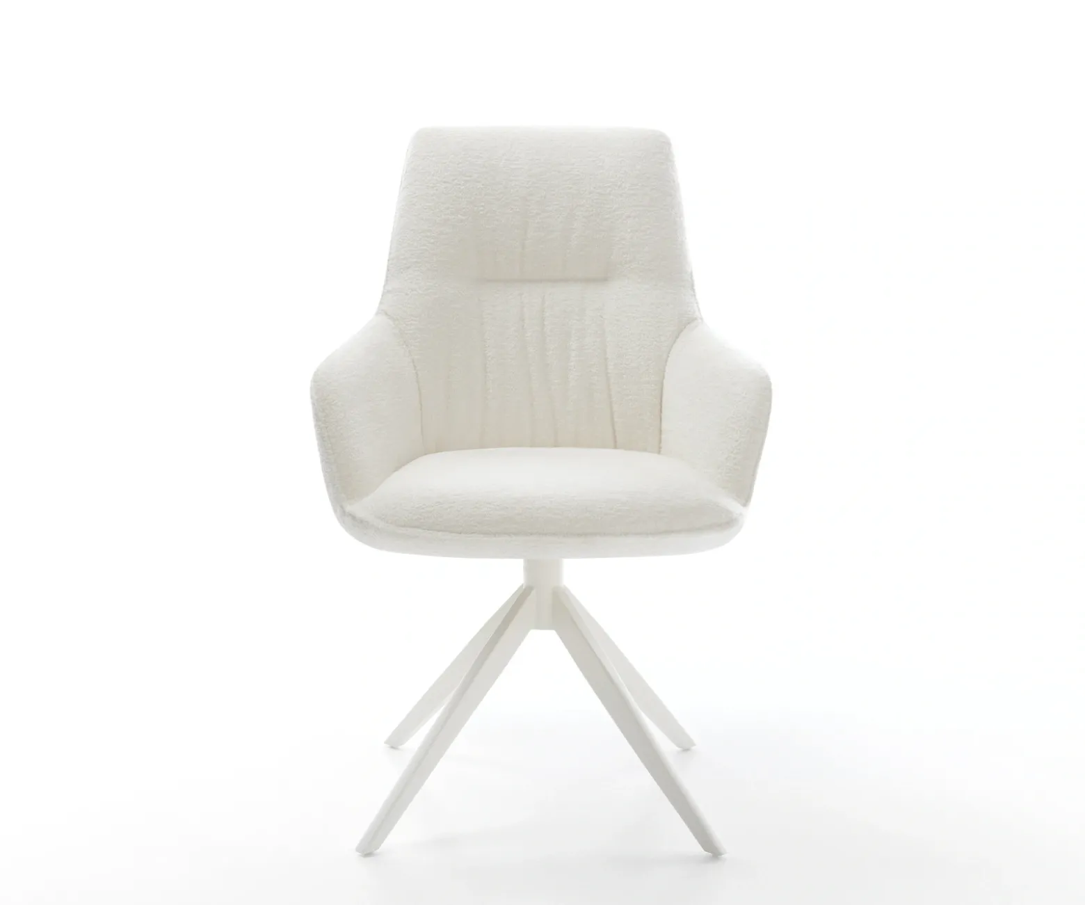 DrehstuhlZelia-Flex mit Armlehnen Bouclé Soft Beige Kreuzgestell breit Weiß 360° drehbar Wippfunktion Taschenfederkern Sofort versandfertig