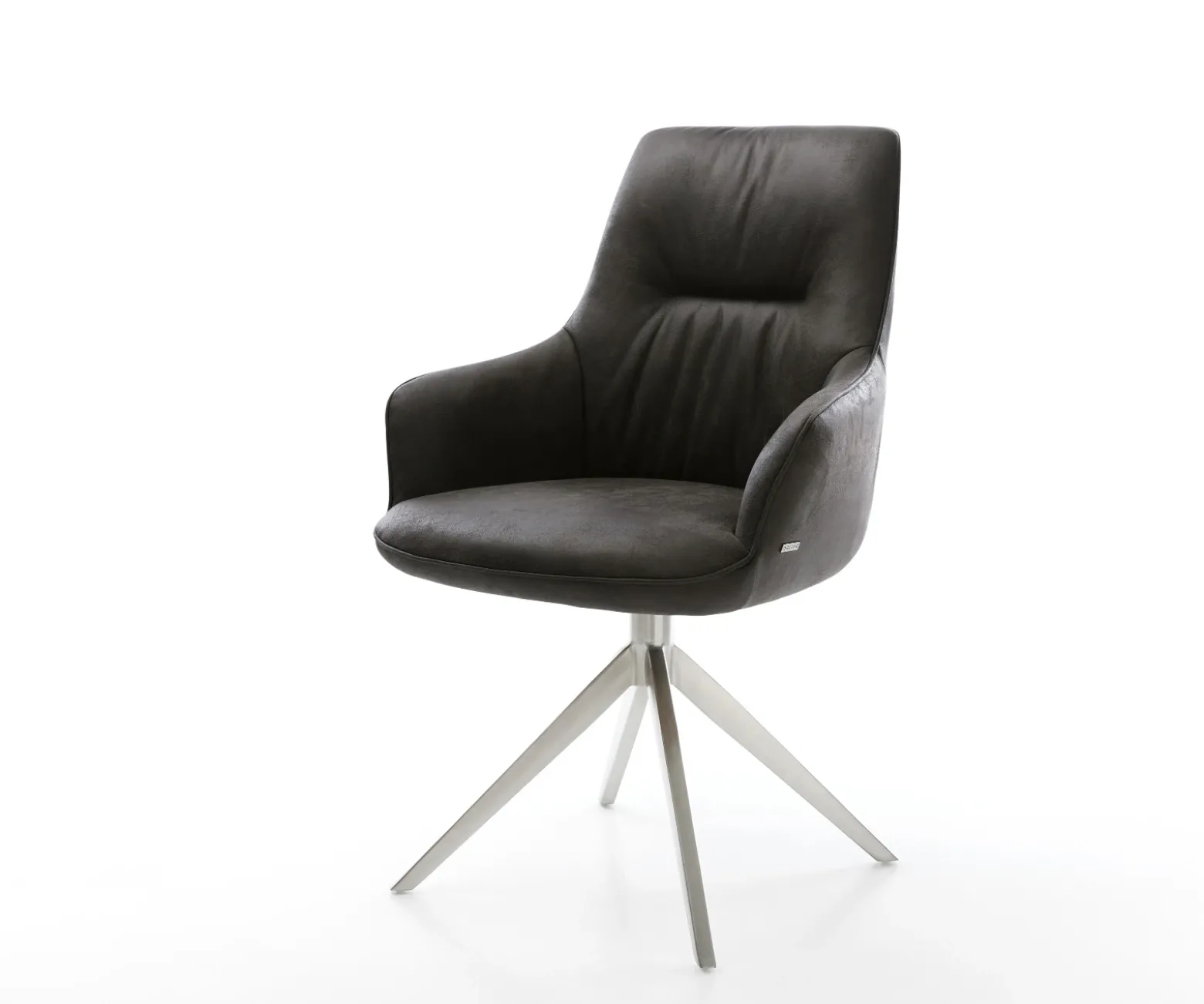 DrehstuhlZelia-Flex mit Armlehnen Mikrofaser Anthrazit Vintage Kreuzgestell breit Edelstahl 360° drehbar Wippfunktion Taschenfederkern Sofort versandfertig