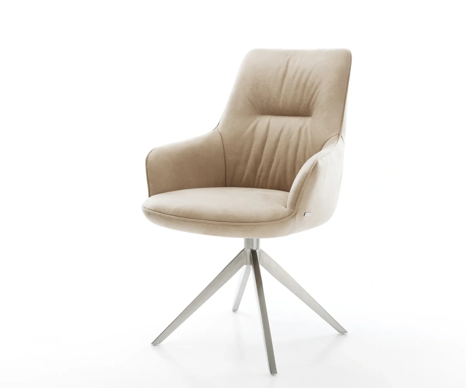 DrehstuhlZelia-Flex mit Armlehnen Mikrofaser Beige Vintage Kreuzgestell breit Edelstahl 360° drehbar Wippfunktion Taschenfederkern Sofort versandfertig