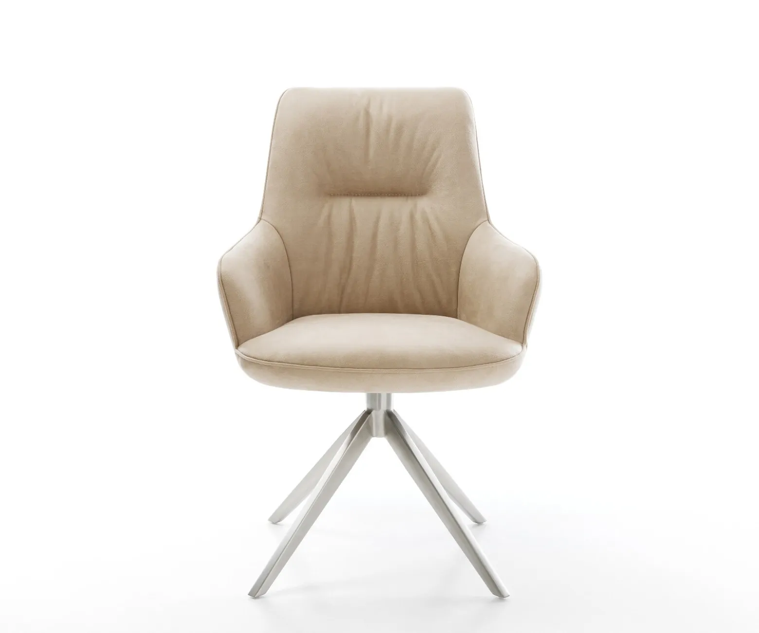 DrehstuhlZelia-Flex mit Armlehnen Mikrofaser Beige Vintage Kreuzgestell breit Edelstahl 360° drehbar Wippfunktion Taschenfederkern Sofort versandfertig