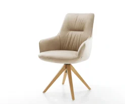 DrehstuhlZelia-Flex mit Armlehnen Mikrofaser Beige Vintage Holzgestell kantig Natur 360° drehbar Taschenfederkern Versandfertig ca. 28.10.26