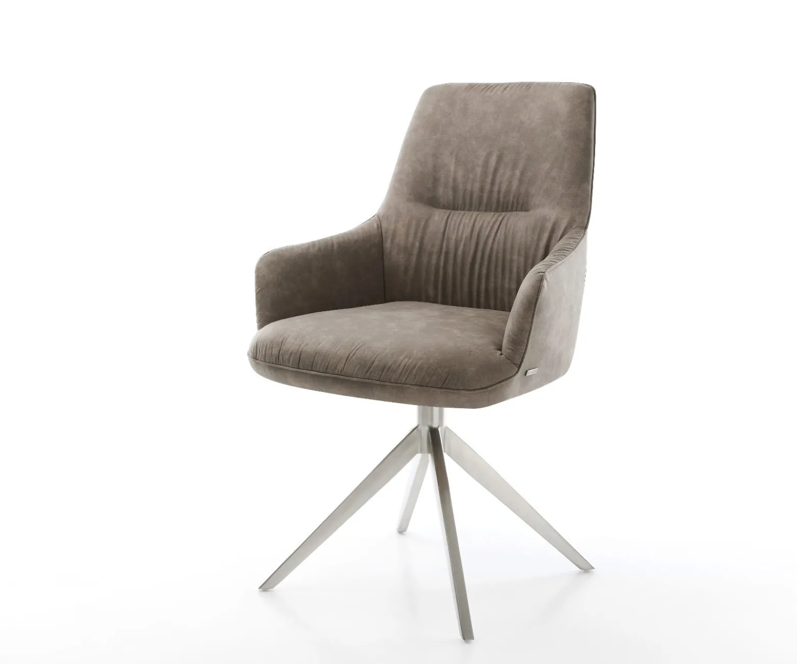 DrehstuhlZelia-Flex mit Armlehnen Mikrofaser Taupe Vintage Kreuzgestell breit Edelstahl 360° drehbar Wippfunktion Taschenfederkern Sofort versandfertig