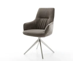 DrehstuhlZelia-Flex mit Armlehnen Strukturstoff Soft Taupe Kreuzgestell breit Edelstahl 360° drehbar Wippfunktion Taschenfederkern Sofort versandfertig