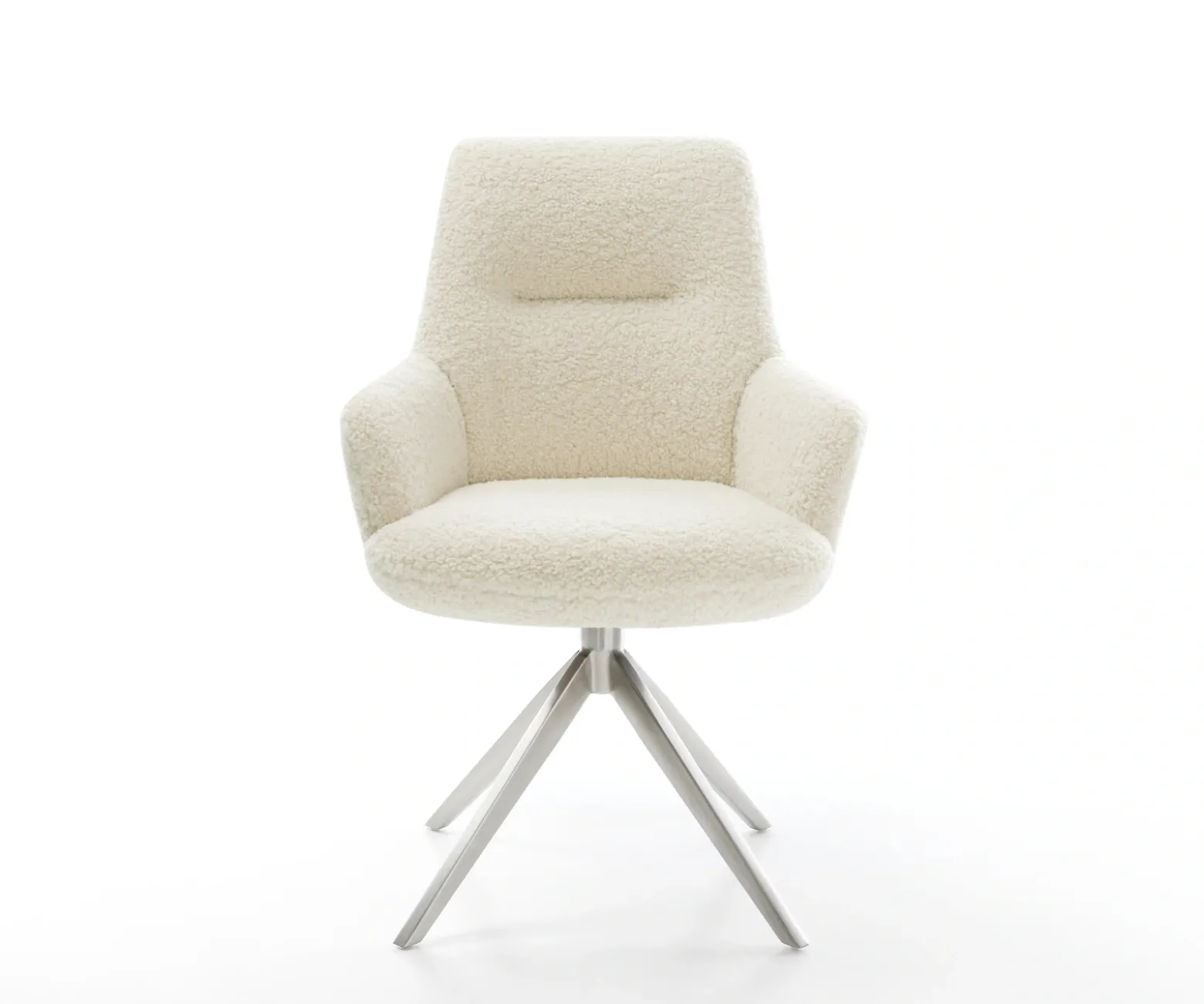 DrehstuhlZelia-Flex mit Armlehnen Teddystoff Beige Kreuzgestell breit Edelstahl 360° drehbar Wippfunktion Taschenfederkern Sofort versandfertig