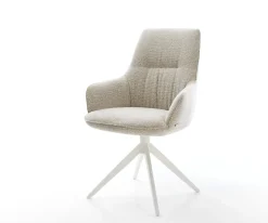 DrehstuhlZelia-Flex mit Armlehnen Webstoff Soft Beige Kreuzgestell breit Weiß 360° drehbar Wippfunktion Taschenfederkern Sofort versandfertig