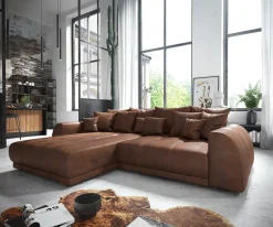 EckcouchVioletta 300 x 220 cm Lederimitat Braun Recamiere variabel Sofort versandfertig