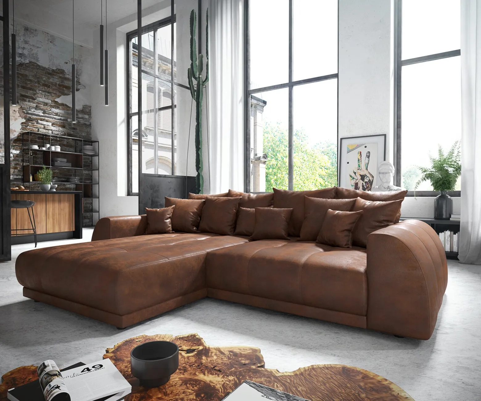 EckcouchVioletta 300 x 220 cm Lederimitat Braun Recamiere variabel Sofort versandfertig